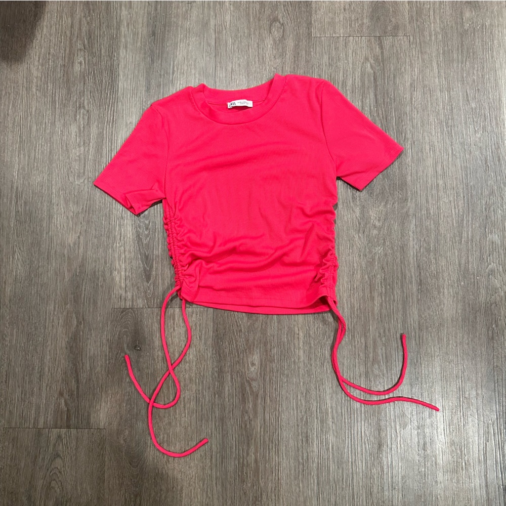Zara Vibrant Pink Ruched Short Sleeve Top